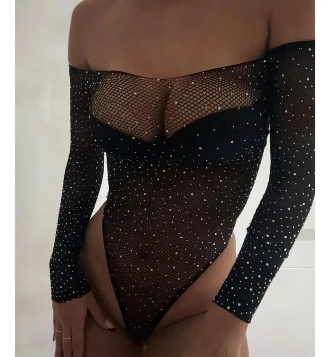 Body de Lencería en Red con Brillos y Manga Larga - Imagen 2