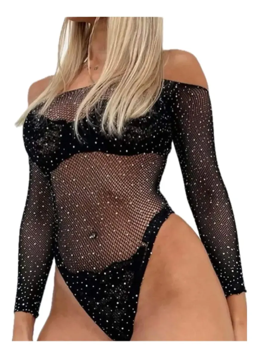 Body de Lencería en Red con Brillos y Manga Larga